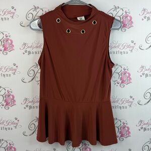Wrapper blouse peplum gold grommets detail orange brown tan Rust Brown Top